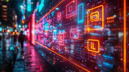 Obraz premium Devise a neon set of professional networking symbols, including illuminated