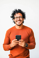 Fototapeta premium A man with glasses and a beard is smiling while holding a cell phone