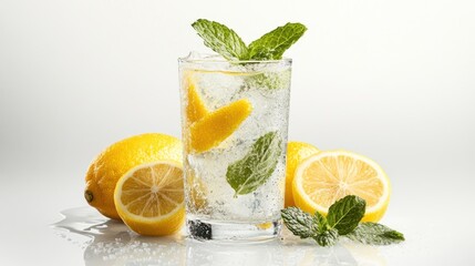 Fototapeta premium Glass of Sparkling Water with Lemon and Mint