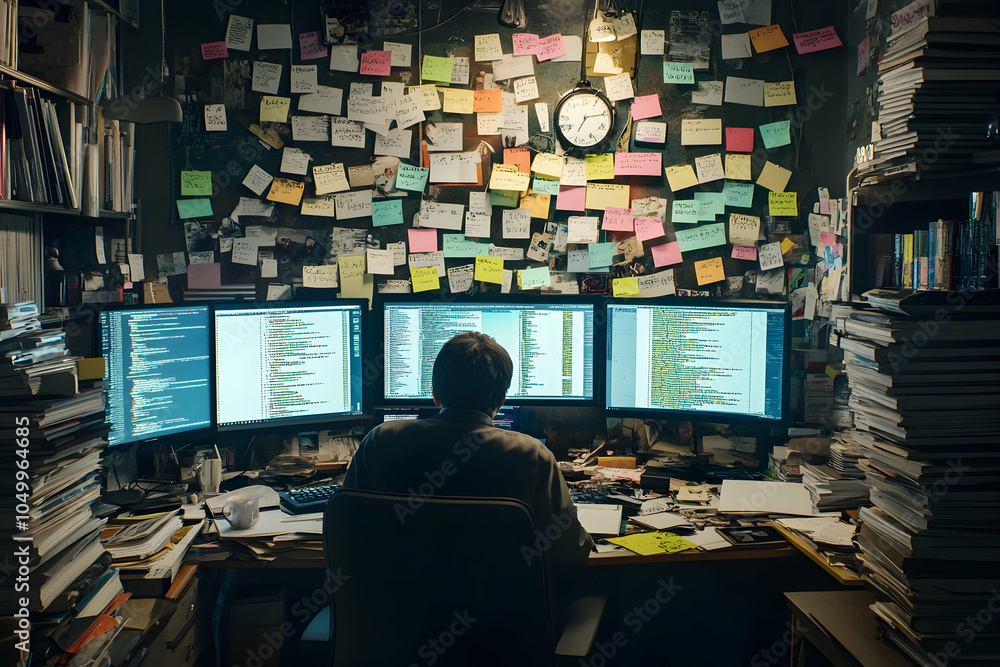 Poster overwhelmed programmer at chaotic desk with multiple screens, colorful notes, and midnight deadline 