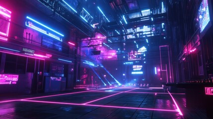 A vibrant, futuristic urban scene with neon lights and a high-tech ambiance.
