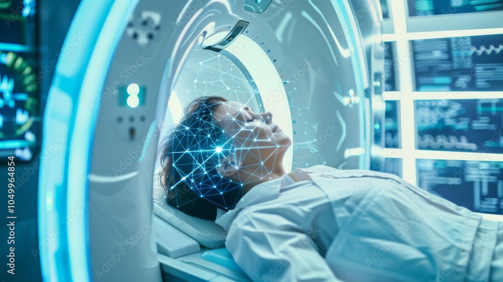 Leinwandbilder A dynamic image of a patient receiving an MRI scan with advanced imaging equipment in view, set against a high-tech, futuristic background