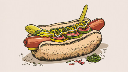 Illustration of a hot dog with classic toppings – perfect for fast-food menu designs, posters, and culinary art displays