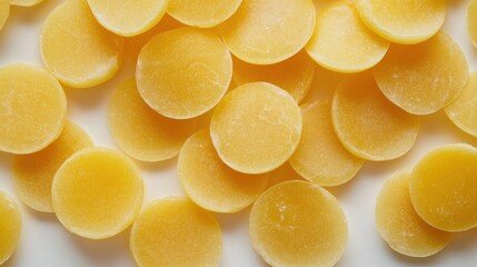 A close-up of yellow circular wax discs, often used in cosmetics or crafts.