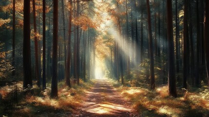 Obraz premium A calm forest path lined with tall trees, leading to a secluded spot where sunlight filters through the leaves, creating a serene ambiance