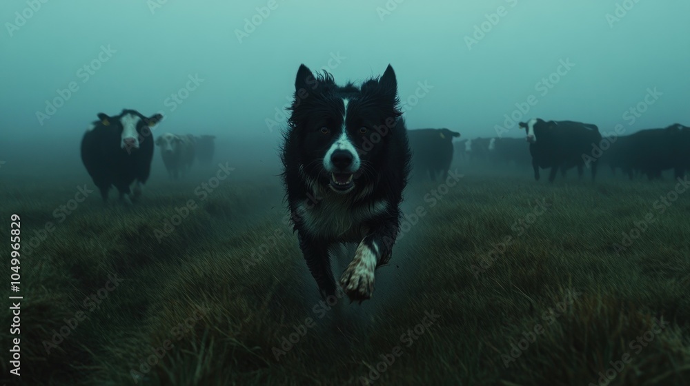 Poster a black and white border collie runs towards the camera in a foggy field with a herd of cows behind 