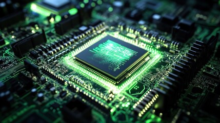 Fototapeta premium A close-up of a computer chip on a circuit board, showcasing intricate electronic components.