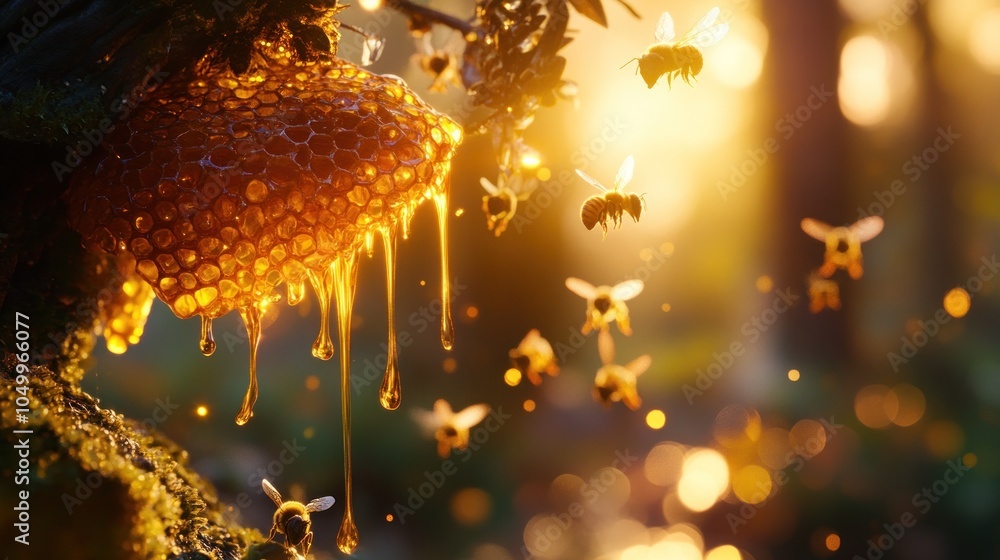 Poster honeycomb hanging from a tree branch with dripping honey and bees flying around it at sunset.
