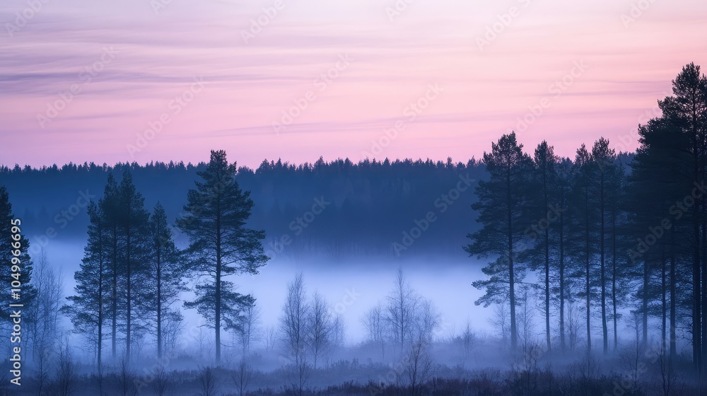 Poster a calm misty forest at twilight, with the fog settling between the trees and the last rays of light 