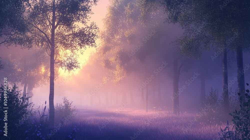 Poster a calm misty forest at twilight, with the fog settling between the trees and the last rays of light 