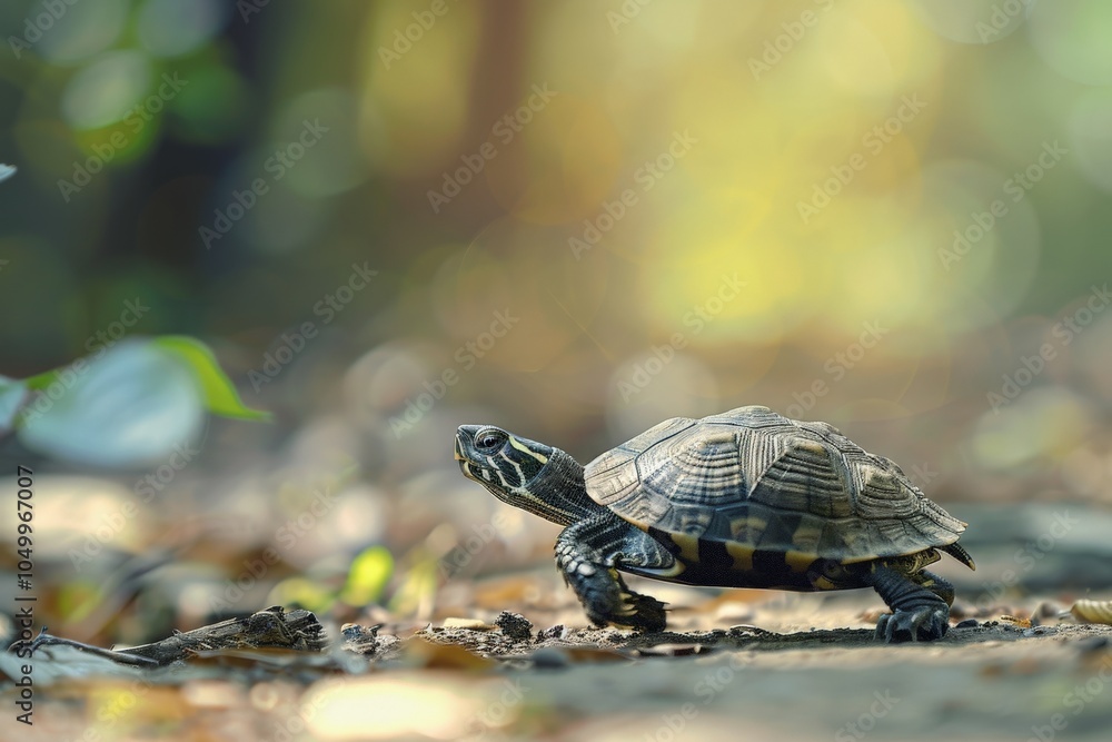 Aufkleber a turtle makes its way across a sunlit forest floor, its detailed shell color patterns standing out 