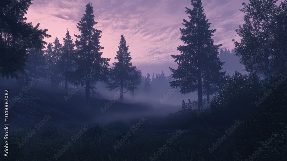 Poster a calm misty forest at twilight, with the fog settling between the trees and the last rays of light 