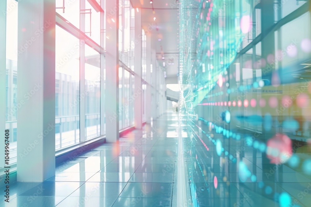 Aufkleber an abstract view of a corridor with vibrant digital lighting effects reflecting futuristic design, s