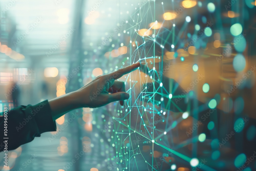 Poster a hand interacts with a digital touchscreen displaying a dynamic blue network design, symbolizing co