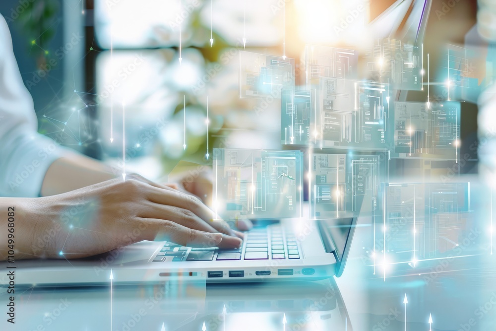 Poster close-up of hands typing on a laptop keyboard, with a futuristic digital interface overlay on the sc