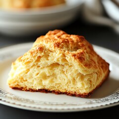 Capture a frontal view of a freshly baked scone with a golden, crispy exterior and a fluffy, tender interior Highlight the flaky texture and buttery aroma