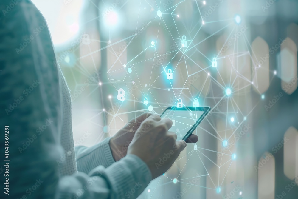 Poster a person using a smartphone amidst a digital network of connections, showcasing secure data transfer