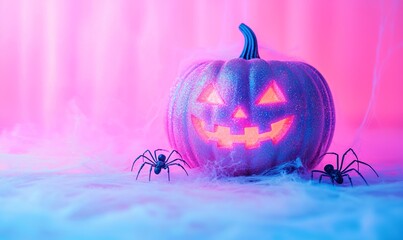 Obraz premium Glittery Halloween pumpkin with glowing eyes and spiders, set against a colorful background, spooky ambiance.