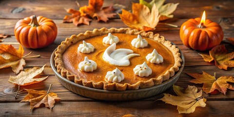 Spooky Pumpkin Pie Decorated with Whipped Cream Ghosts on a Rustic Wooden Table with Autumn Leaves