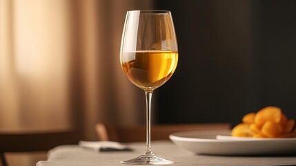 Naklejka premium Golden wine filling a glass, cozy dinner setup, soft shadows, warm atmosphere