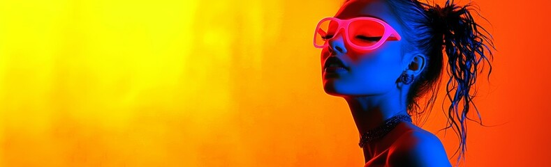 Stylish young woman in neon glasses with vibrant colored background, profile view, showcasing modern fashion.