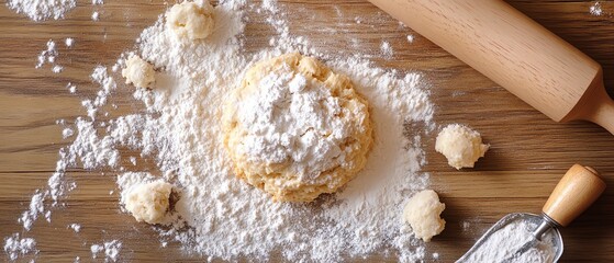 Craft a whimsical, wide-angle composition of a biscuit surrounded by scattering flour, sugar crystals, and a vintage rolling pin for a rustic charm
