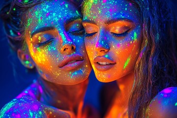 Naklejka premium Two women with colorful body paint illuminated in vibrant light, showcasing their artistic expressions.