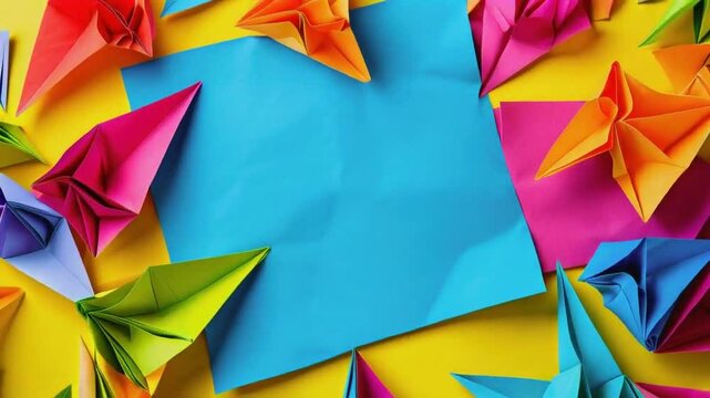 A colorful arrangement of origami paper shapes surrounding a blank blue sheet.