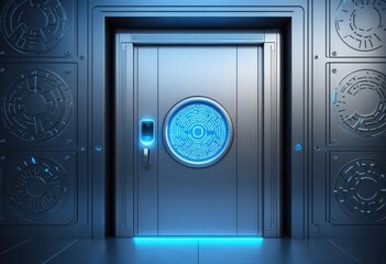 Futuristic vault door with digital lock, symbolizing secure access to cryptocurrency storage and blockchain protection