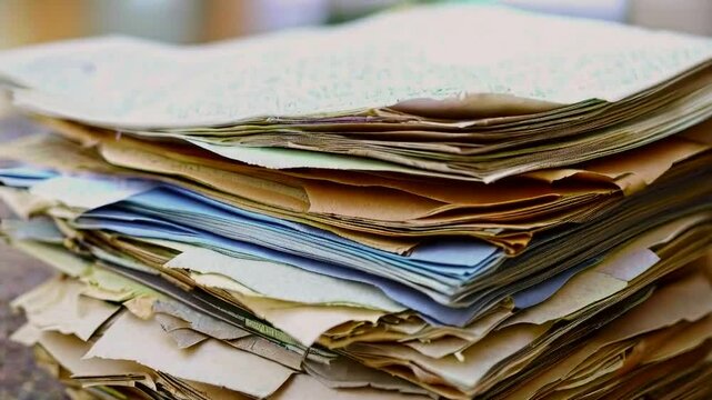 A stack of assorted papers in various colors and textures, likely for organization or documentation.
