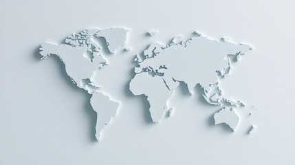 minimalist white world map on light background, showcasing continents in clean, modern design. map emphasizes simplicity and elegance, ideal for educational or decorative purposes