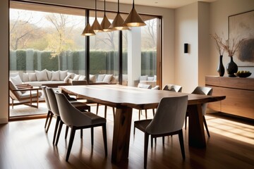 Fototapeta premium Wooden dining table with chairs in a cozy indoor dining room over large glass windows with hanging lamps