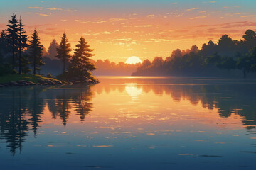 Fototapeta premium Anime style, golden sunrise over quiet lake, calm water reflecting warm sky, trees and mist in background