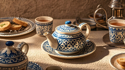 Fototapeta premium A traditional Moroccan teapot, adorned with intricate patterns, serving aromatic tea in a cultural setting