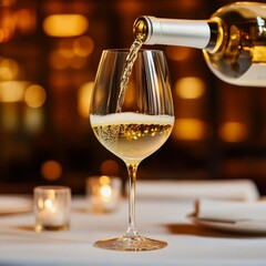 Pouring white wine in an elegant restaurant, dim golden light, luxurious table setting
