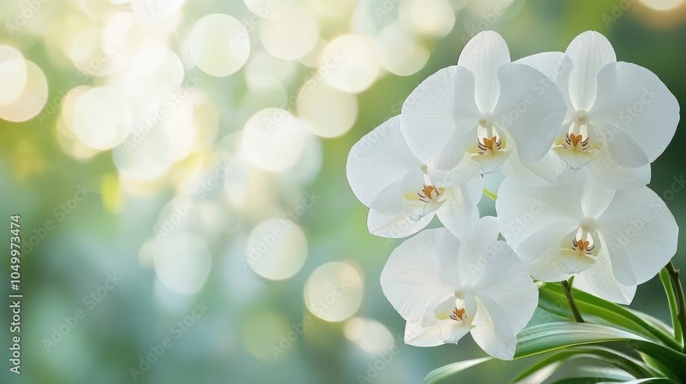 Poster a soft and dreamy background of white orchid flowers, with a subtle bokeh effect to create depth and