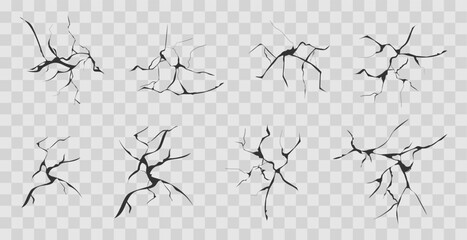 Cracked glass, wall, egg, fissures in ground top view. Set concrete, crevices from disaster, surface from earthquake, Ruined breaked land surface doodle, hand drawn