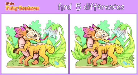 Fototapeta premium Cute little fairy dragon, find five differences