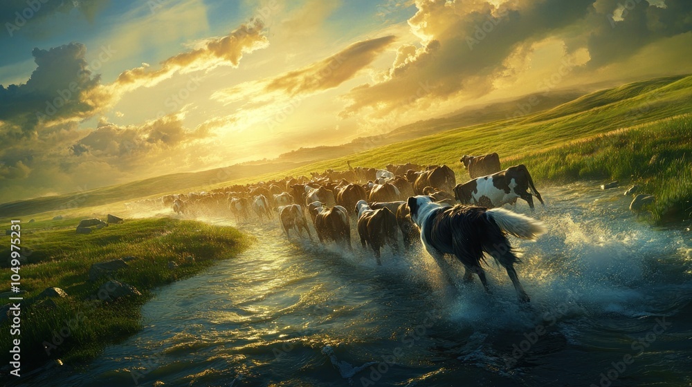 Poster a herd of cows running through a shallow stream at sunset.