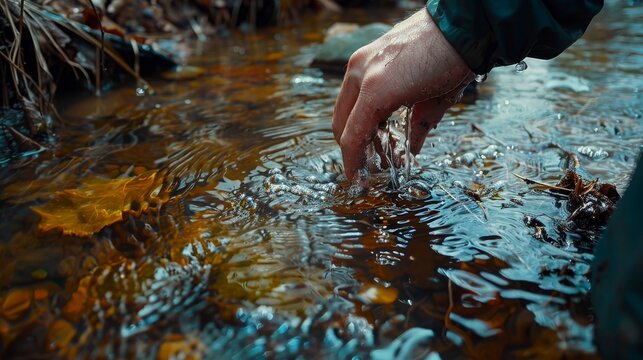 Close up of water sample collection from a stream, emphasizing water quality monitoring importance