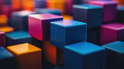 Fototapeta premium A vibrant arrangement of colorful blocks stacked in a dynamic, abstract composition.