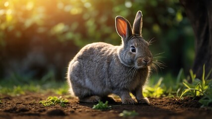 Fototapeta premium A tiny grey rabbit nibbles happily on the ground.