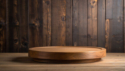 Empty wooden table with a smooth surface, ideal for displaying products. The backdrop is simple and neutral, perfect for showcasing items or presentations.