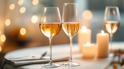Obraz premium Stream of golden wine, candle-lit dinner, romantic ambiance, soft focus