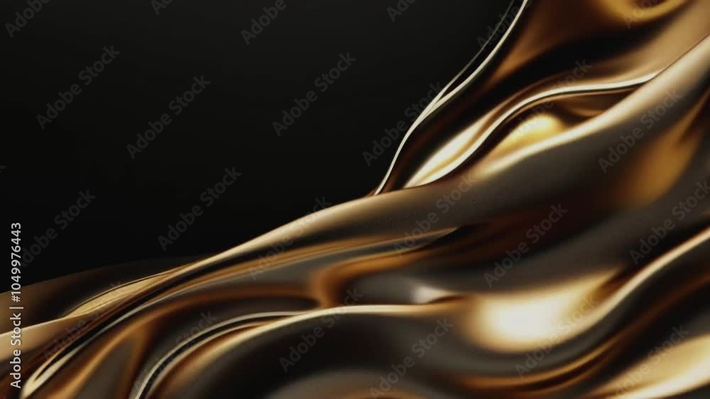 Poster abstract composition with smooth wavy lines of golden color on a dark background.