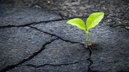 Naklejka premium A small green plant emerges from cracked asphalt, symbolizing resilience and hope.