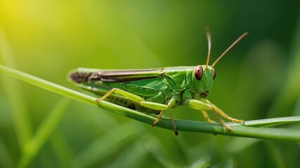 A vibrant green grasshopper fills the frame against a soft, blurry background.