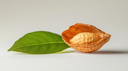 A dried seed pod with a green leaf, showcasing natural textures and colors.