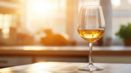 Stream of golden wine flowing into a glass, cozy kitchen ambiance, bright daylight