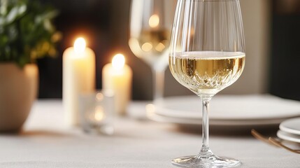 Stream of white wine, crystal glass, elegant dining setup, dim candlelight